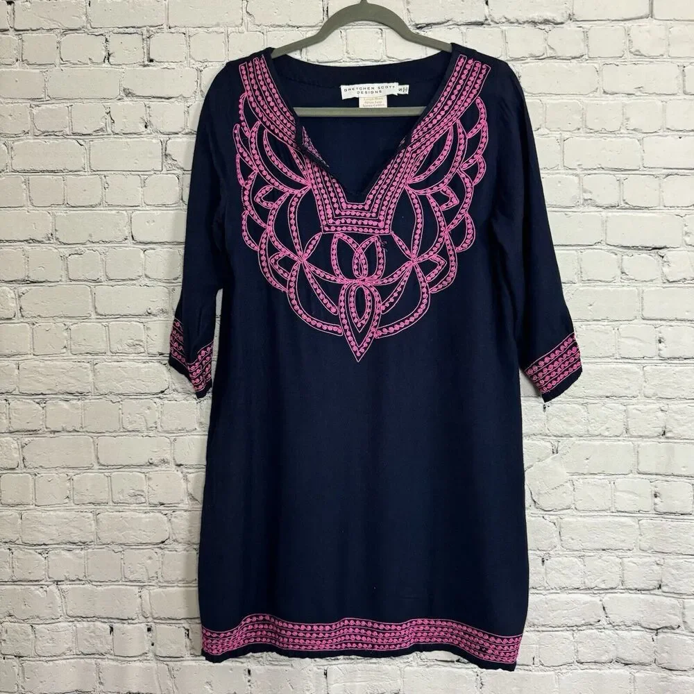 Gretchen Scott Designs Embroidered Split Neck Tunic Dress Womens S in Navy Pink